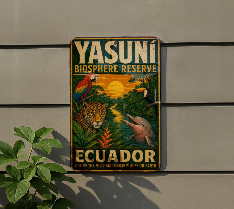 A vintage-style metal sign for the Ecuador Biosphere Reserve, featuring an illustration of various animals such as a jaguar, toucan, and dolphin, set against a tropical landscape with a sunset.