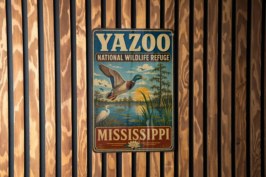 A vintage metal sign for the Yazoo National Wildlife Refuge in Mississippi, featuring a duck and a bird in a natural setting.