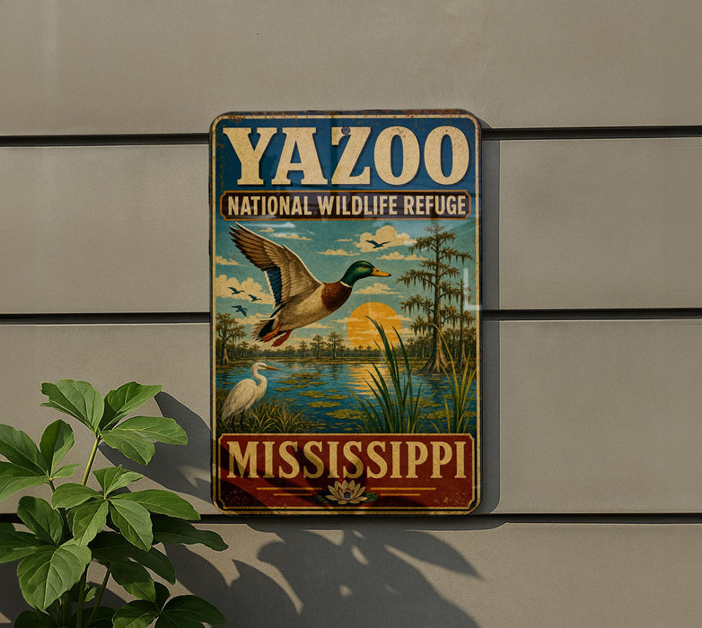 A vintage-style metal sign for the YAZOO NATIONAL WILDLIFE REFUGE in Mississippi, featuring a colorful illustration of a bird in flight and a serene landscape.