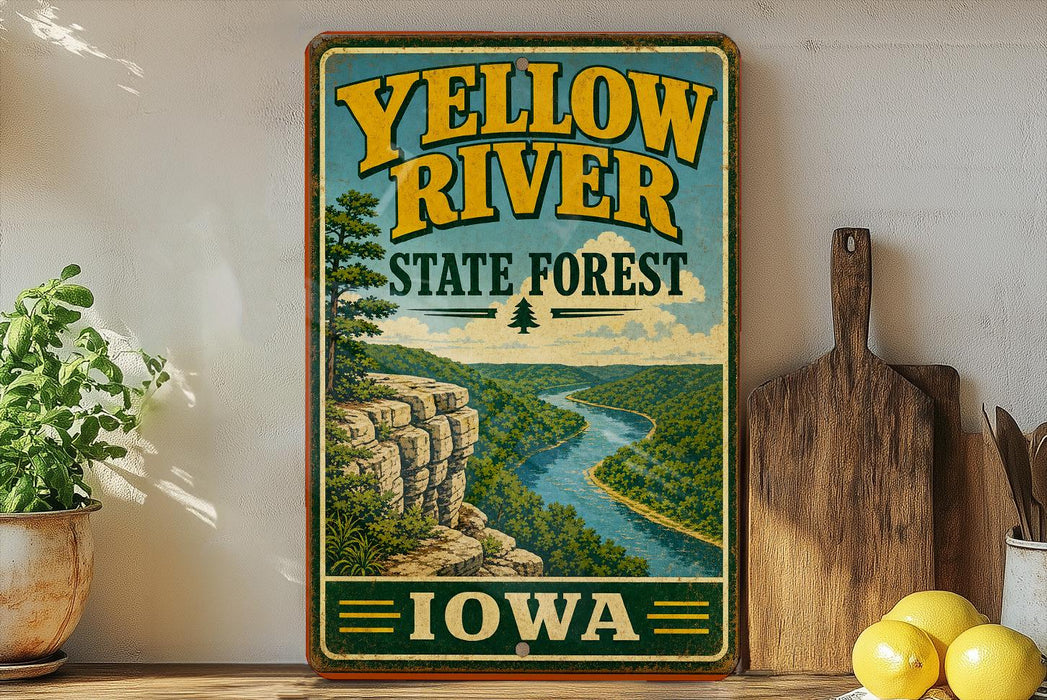 A vintage-style sign for the Yellow River State Forest in Iowa, featuring a scenic illustration of a river and mountains.