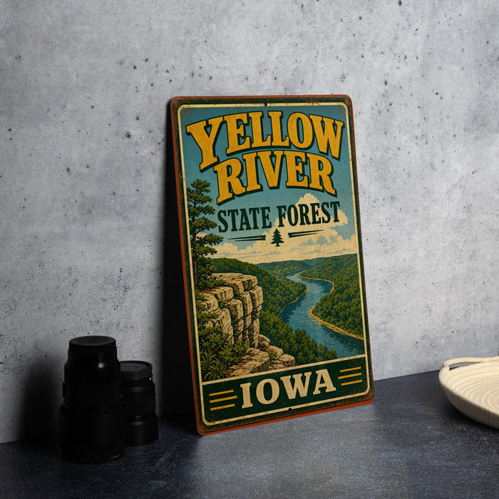 A vintage-style sign for the Yellow River State Forest in Iowa, featuring a scenic illustration of a river and mountains.
