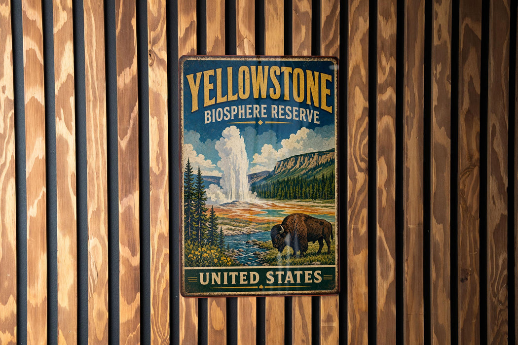 A vintage-style metal sign for Yellowstone Biosphere Reserve in the United States, featuring a bison and a geyser in a scenic landscape.