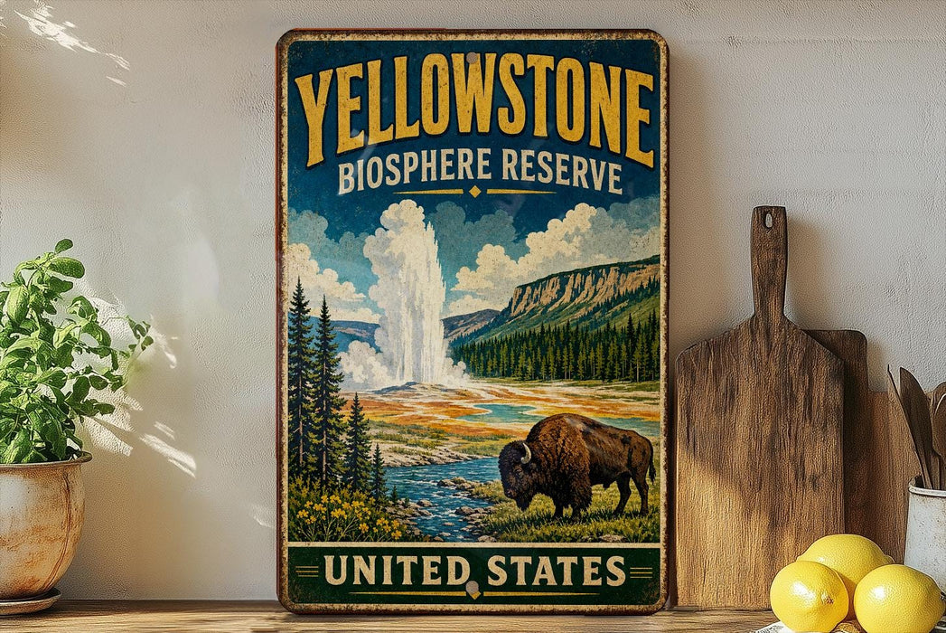 A vintage-style sign for Yellowstone Biosphere Reserve, featuring a bison in a scenic landscape with a geyser and mountains in the background.