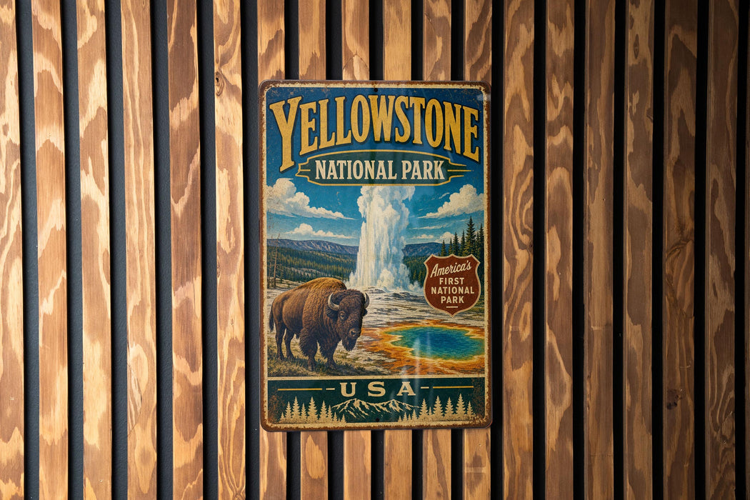 A vintage-style metal sign for Yellowstone National Park, featuring an illustration of a bison and a geyser, mounted on a wooden wall.