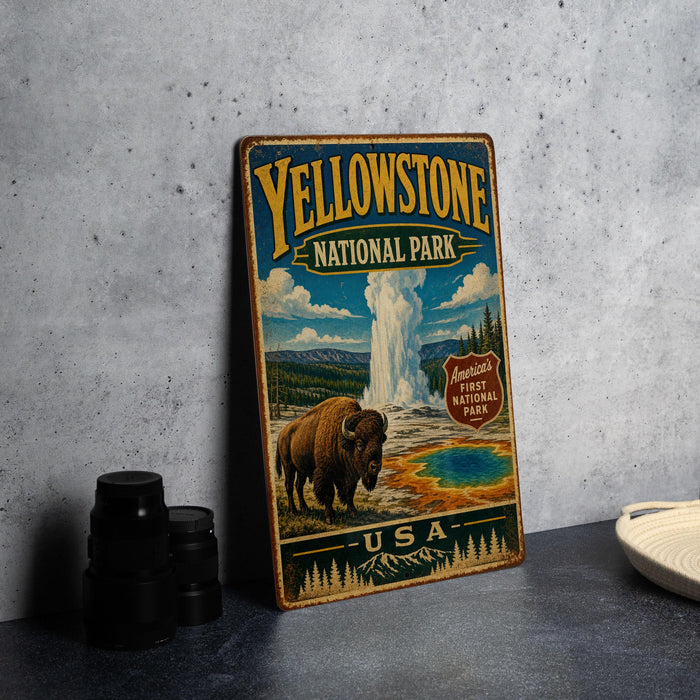 A vintage-style metal sign for Yellowstone National Park, featuring an illustration of a bison and a geyser, with the text "Yellowstone National Park USA" prominently displayed.