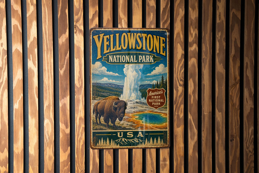 A vintage-style metal sign for Yellowstone National Park, featuring an illustration of a bison and a geyser, mounted on a wooden wall.
