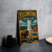 A vintage-style metal sign for Yellowstone National Park, featuring an illustration of a bison and a geyser, with the text "Yellowstone National Park USA" prominently displayed.