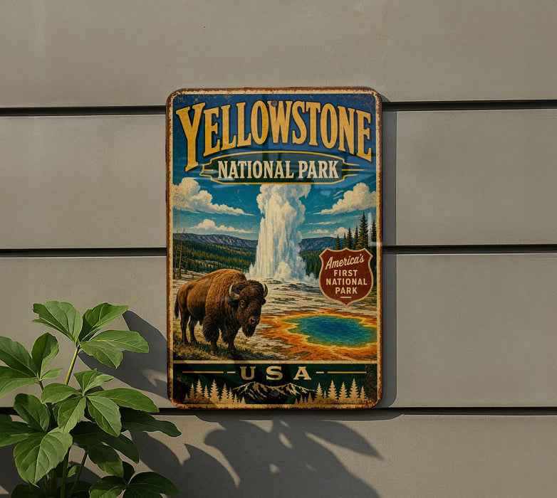 A vintage-style metal sign for Yellowstone National Park, featuring an illustration of a bison and a geyser, mounted on a wall.