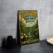 A vintage-style sign for the Yellowwood State Forest in Indiana, featuring a scenic landscape with a river and trees.