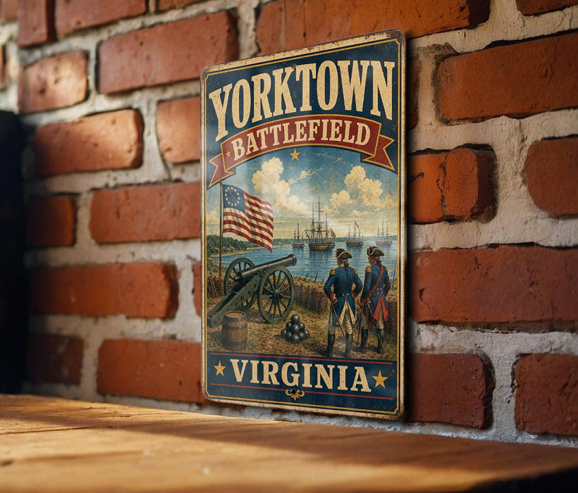 A vintage metal sign with the text "YORKTOWN BATTLEFIELD VIRGINIA" and an illustration of a cannon, two men in military uniforms, and a ship in the background, mounted on a brick wall.