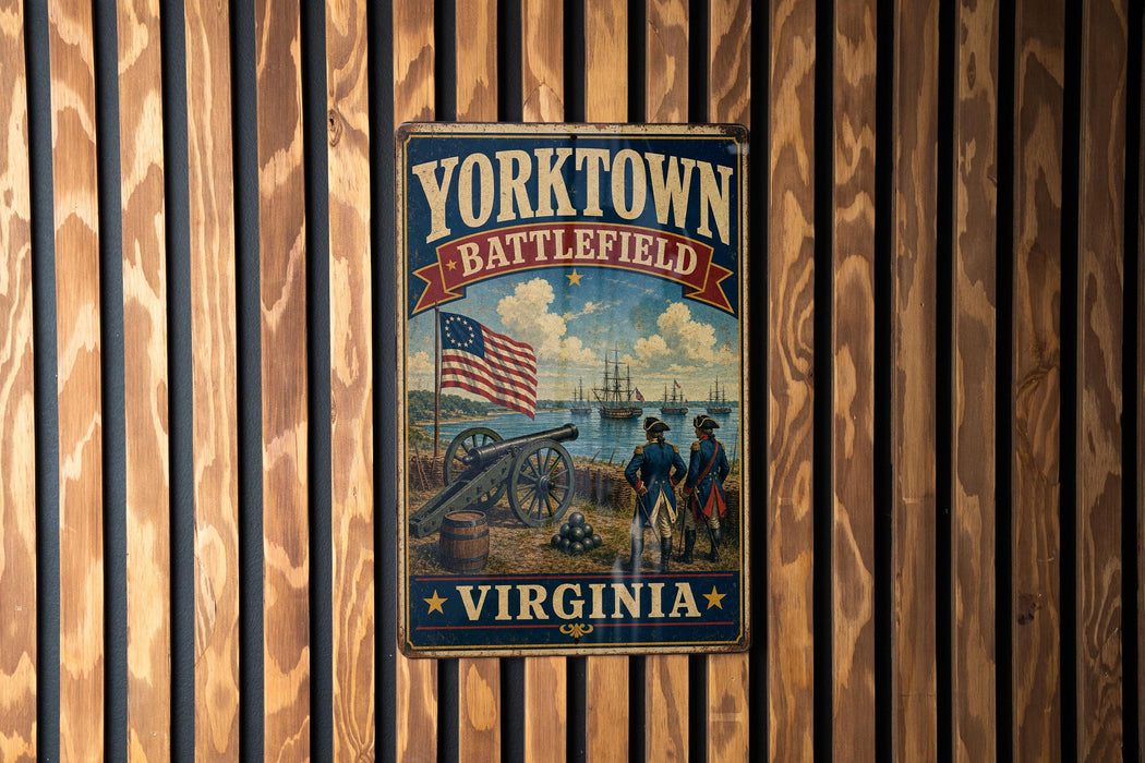 A vintage metal sign for Yorktown Battlefield in Virginia, featuring an American flag, cannons, and a ship, mounted on a wooden wall.