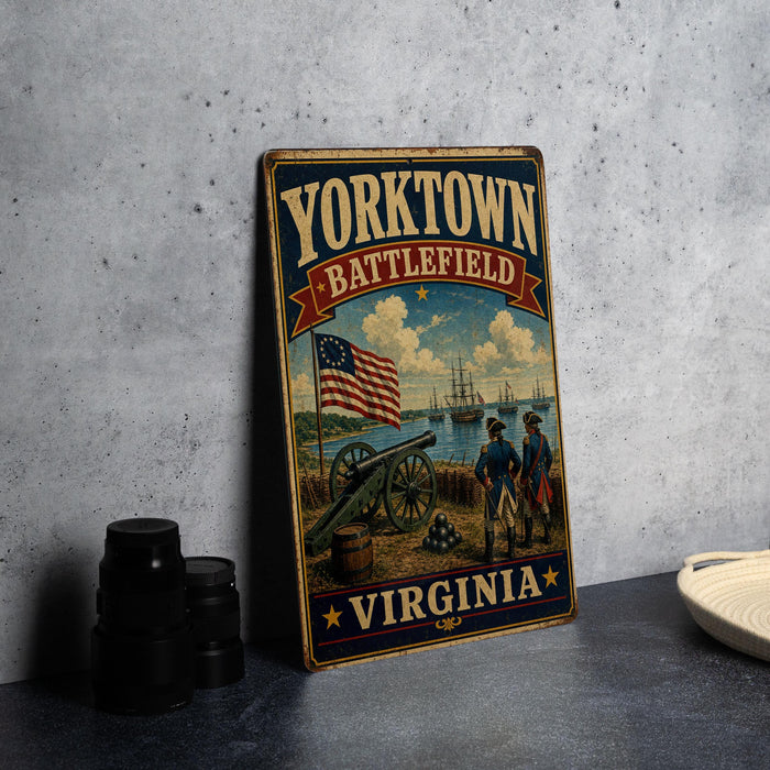 A vintage metal sign with the text "YORKTOWN BATTLEFIELD VIRGINIA" and an illustration of a cannon, soldiers, and a ship, all set against a backdrop of a flag and a body of water.