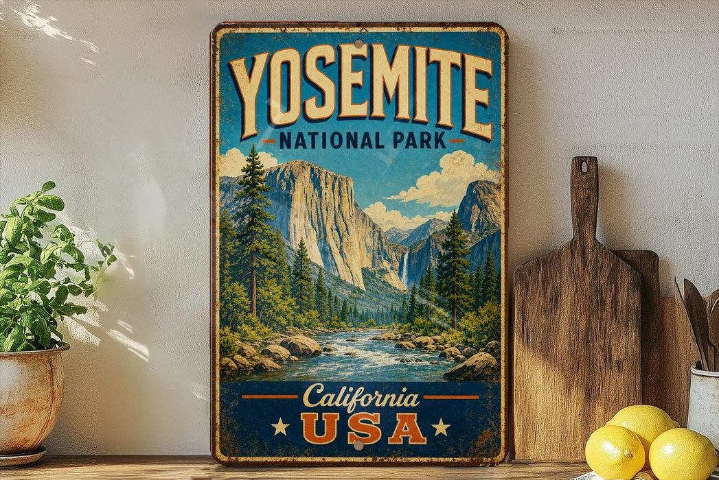 A vintage-style poster of Yosemite National Park, featuring a scenic mountain landscape with a river and pine trees, is displayed on a wall next to a wooden cutting board and some lemons.