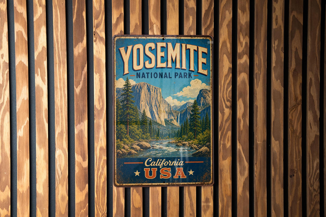 A vintage-style metal sign for Yosemite National Park in California, featuring a scenic illustration of the park's iconic landmarks.