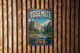 A vintage-style metal sign for Yosemite National Park in California, featuring a scenic illustration of the park's iconic landmarks.