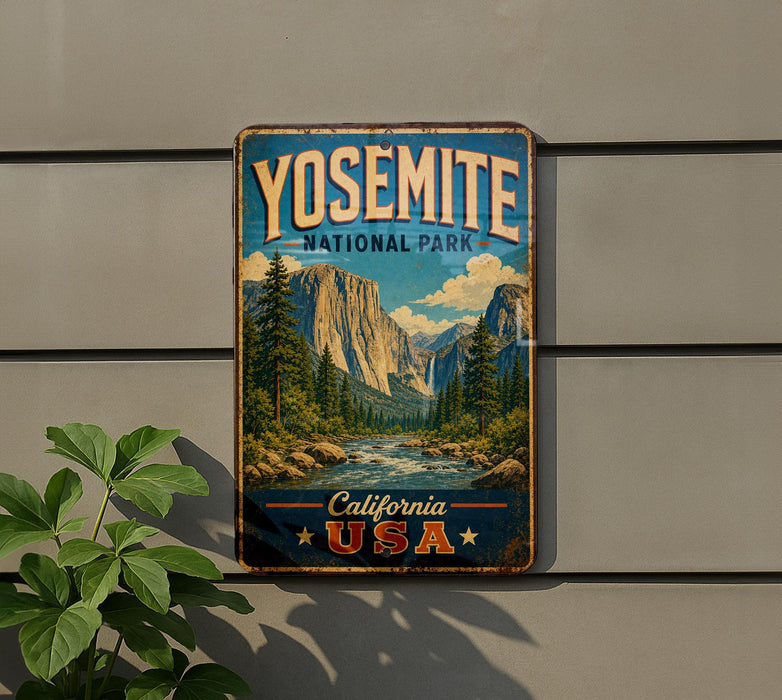 A vintage-style sign for Yosemite National Park, featuring a scenic mountain landscape with a river and pine trees.