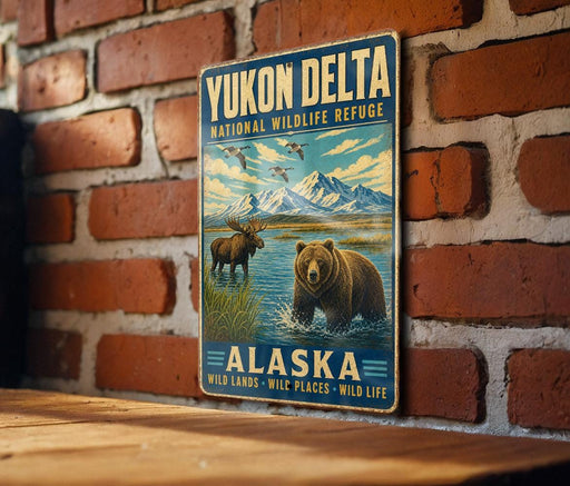 A vintage-style metal sign for Yukon Delta National Wildlife Refuge in Alaska, featuring a moose and a bear in a natural setting.