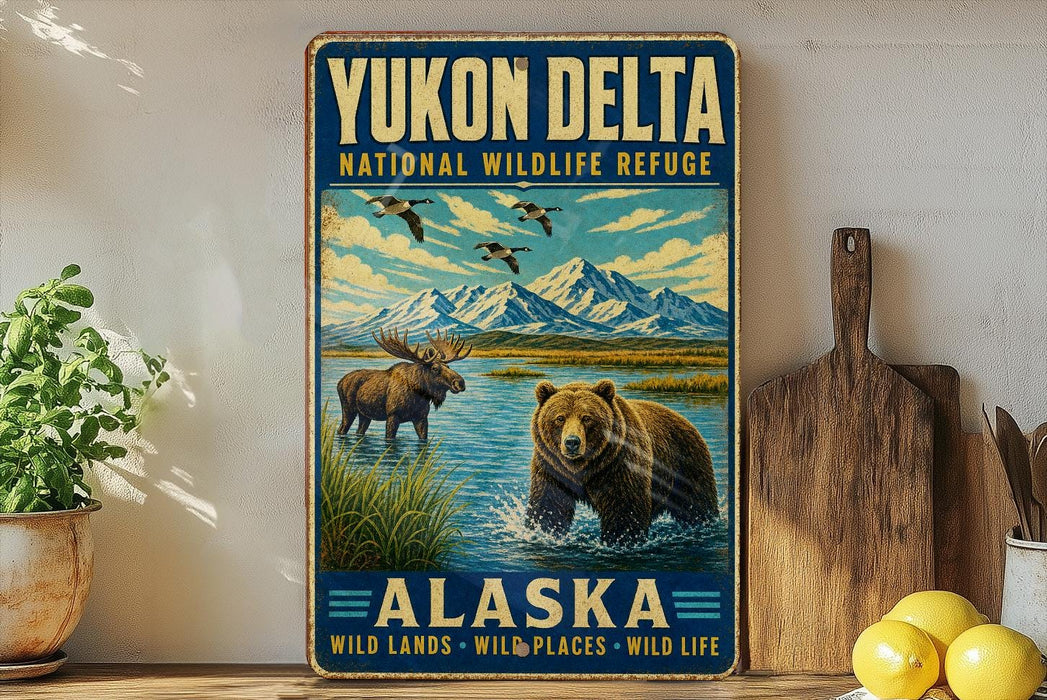 A vintage-style sign for Yukon Delta National Wildlife Refuge in Alaska, featuring a moose and a bear in a natural landscape with mountains in the background.
