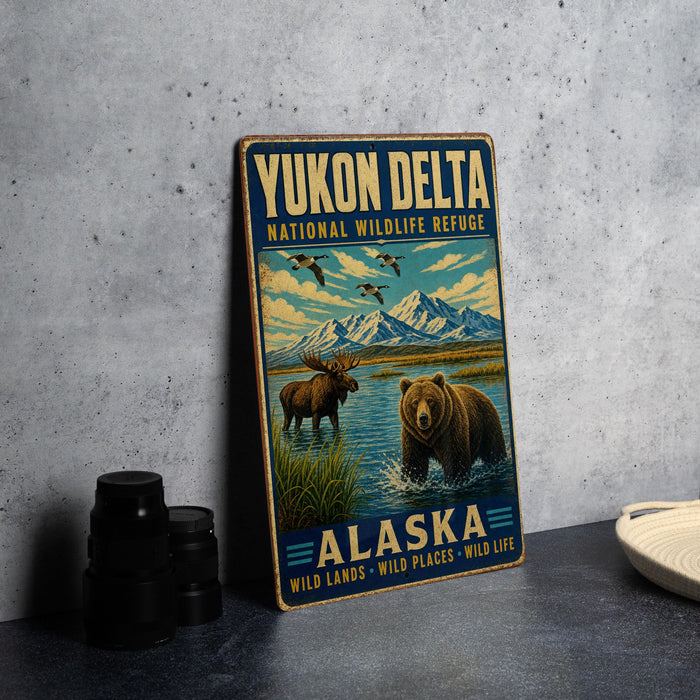 A vintage-style sign for Yukon Delta National Wildlife Refuge in Alaska, featuring an illustration of moose, bears, and mountains.