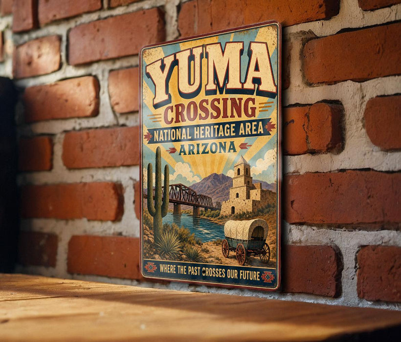 A vintage-style metal sign for Yuma Crossing, a National Heritage Area in Arizona, featuring a desert landscape with a bridge and a wagon.