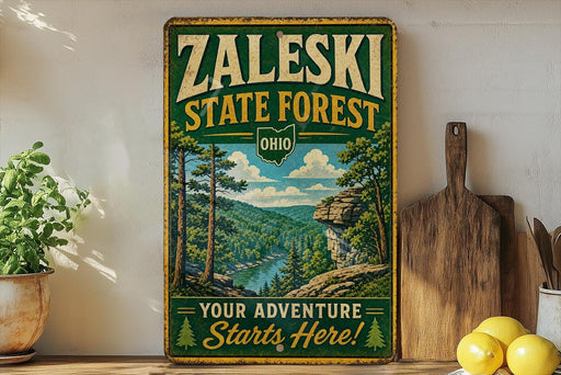 A vintage-style metal sign for the Zaleski State Forest in Ohio, featuring a scenic illustration of a forest landscape with a river and mountains.