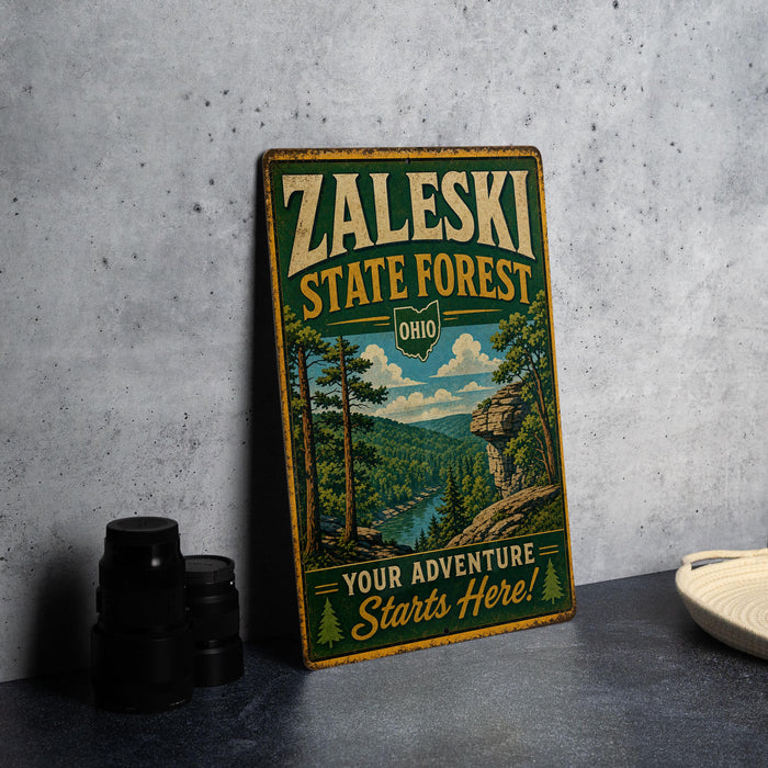 A vintage-style metal sign for the Zaleski State Forest in Ohio, featuring a scenic illustration of a forest landscape with a river and mountains.