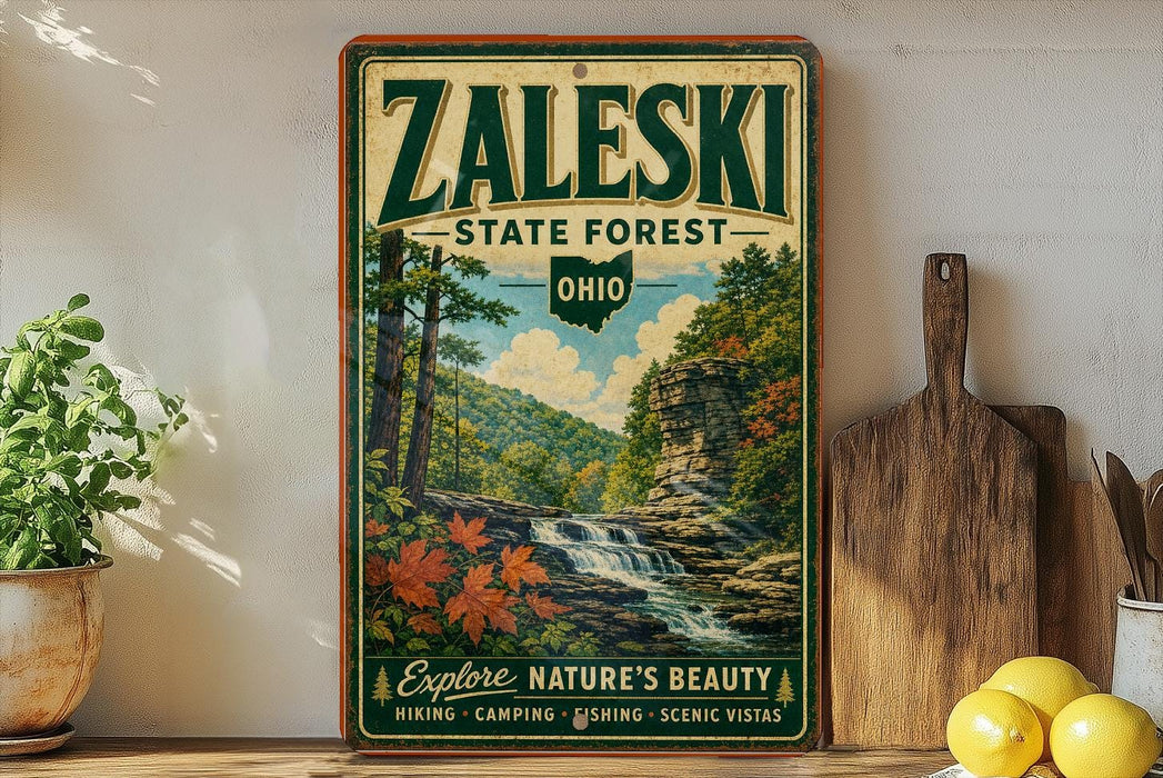 A vintage-style sign for the Zaleski State Forest in Ohio, featuring a scenic landscape with a waterfall and lush greenery.