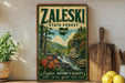 A vintage-style sign for the Zaleski State Forest in Ohio, featuring a scenic landscape with a waterfall and lush greenery.