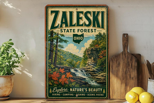A vintage-style sign for the Zaleski State Forest in Ohio, featuring a scenic landscape with a waterfall and lush greenery.