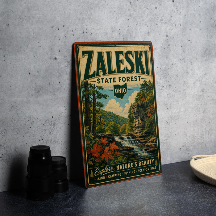 A vintage-style metal sign for Zaleski State Forest, Ohio, featuring a scenic illustration of the forest and a waterfall.