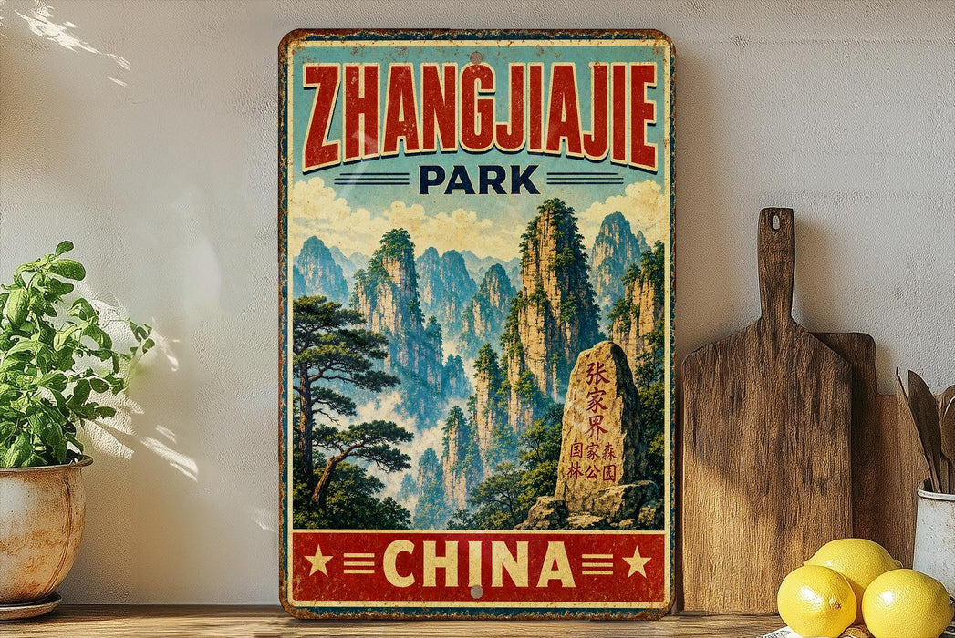 A vintage-style metal sign displaying the text "Zhangjiajie Park" and "China" in a mountainous landscape, with a wooden paddle and a potted plant in the foreground.