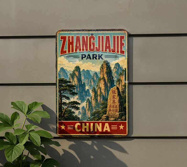 A vintage-style sign for "Zhangjie Park" in China, featuring a scenic landscape with mountains and trees.