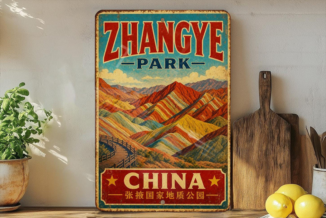 A vintage-style sign for "Zhangye Park" in China, featuring a colorful mountain landscape and the text "Zhangye Park" prominently displayed.