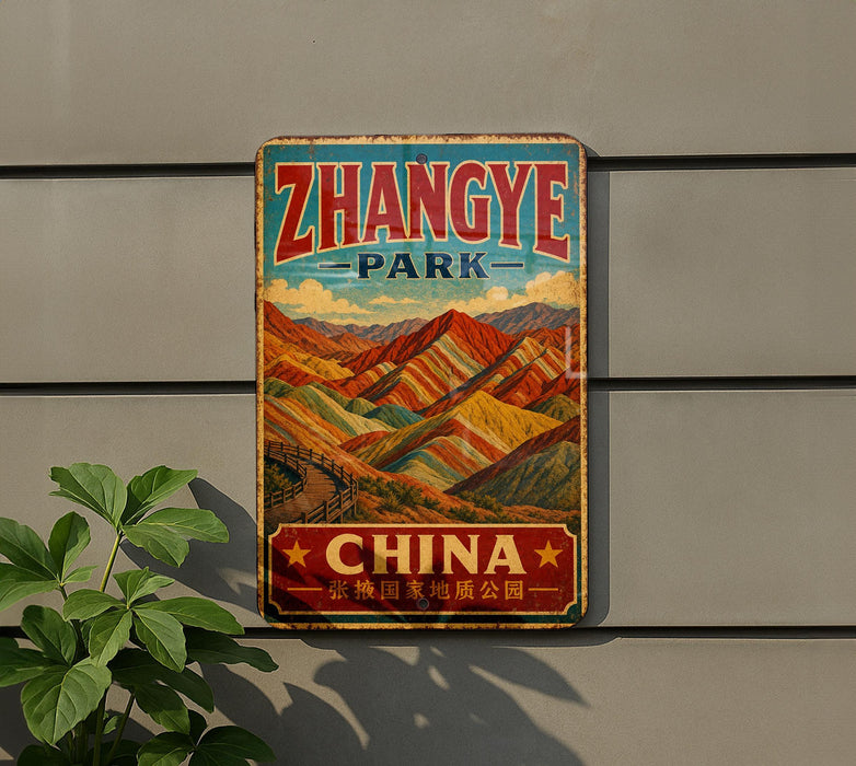 A vintage-style metal sign with the text "Zhangye Park" and "CHINA" is displayed on a wall, with a plant to the left.