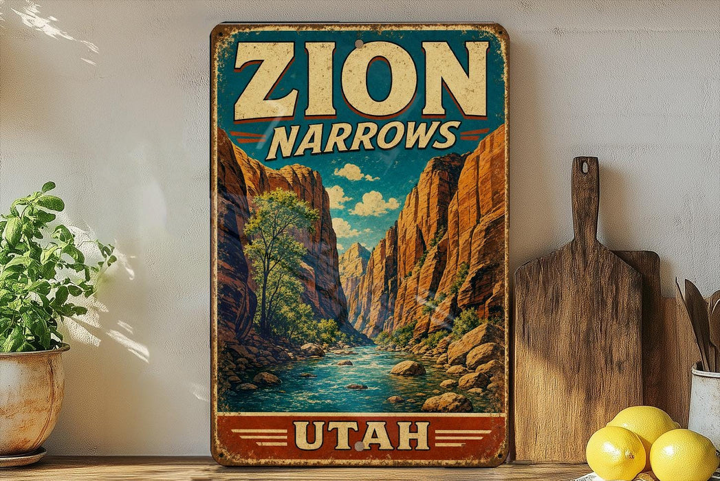 A vintage-style sign for Zion Narrows in Utah, featuring a scenic illustration of the canyon landscape with a river flowing through it.