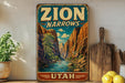 A vintage-style sign for Zion Narrows in Utah, featuring a scenic illustration of the canyon landscape with a river flowing through it.