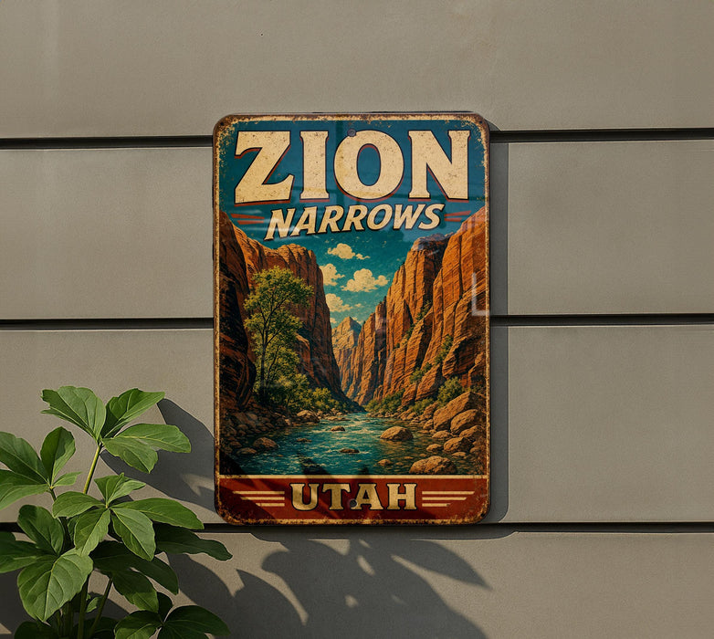 A vintage-style metal sign with the text "ZION NARROWS" and "UTAH" is displayed on a wall, with a plant to the left.
