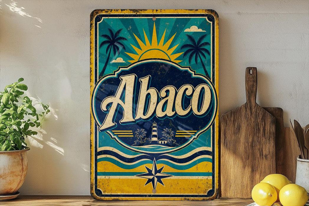 A vintage-style metal sign with the word "Abaco" prominently displayed, featuring a sun, palm trees, and a lighthouse, is placed on a shelf next to a wooden cutting board and some lemons.