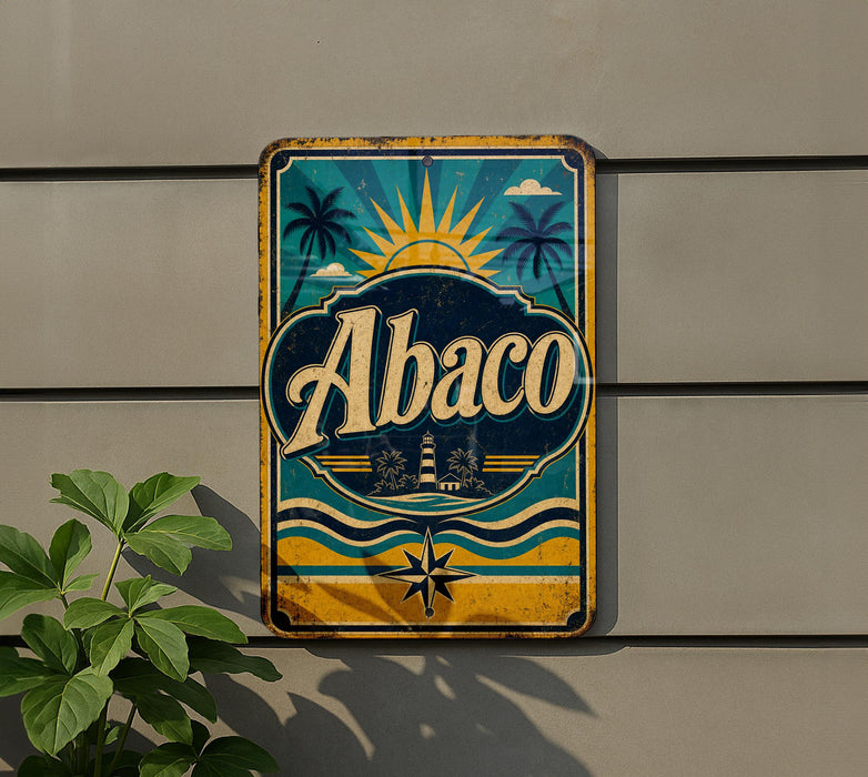 a vintage-style metal sign with the word "Abaco" displayed prominently in the center.