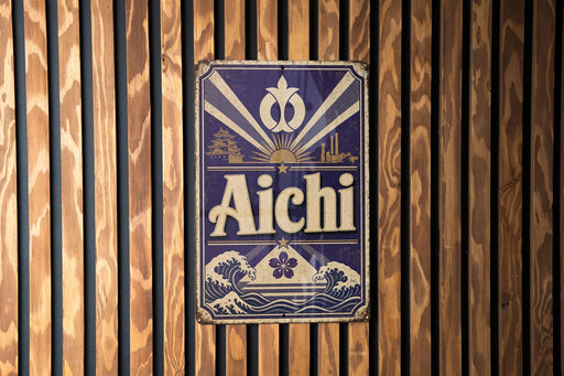 A decorative sign with the word "Aichi" displayed prominently in the center, surrounded by various Japanese-style illustrations and designs.