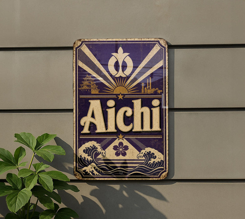 a vintage-style sign with the word "Aichi" prominently displayed, mounted on a wall.
