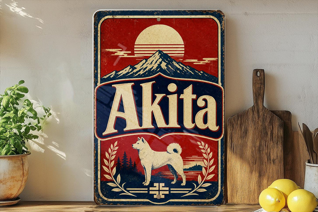 A vintage-style sign for Akita beer featuring a dog silhouette, mountains, and a sun in the background.