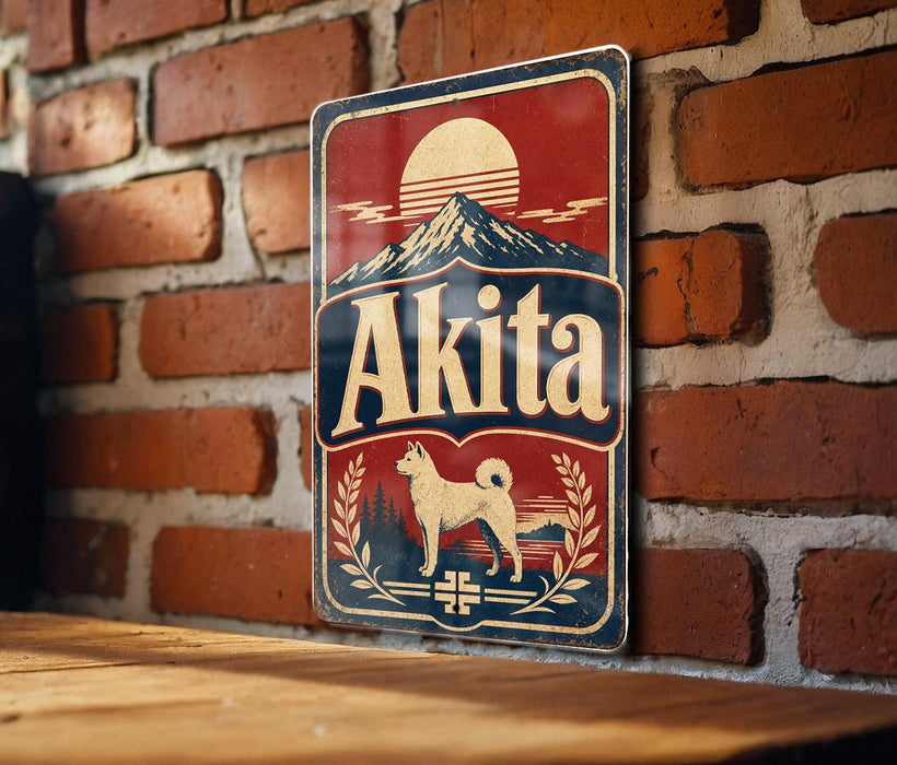 A metal sign with the word "Akita" on it, featuring a dog and a mountain landscape, is mounted on a brick wall.