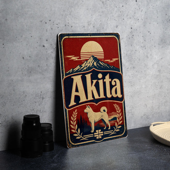 A metal sign with the word "Akita" on it, featuring a dog and a mountain landscape, is displayed on a table.