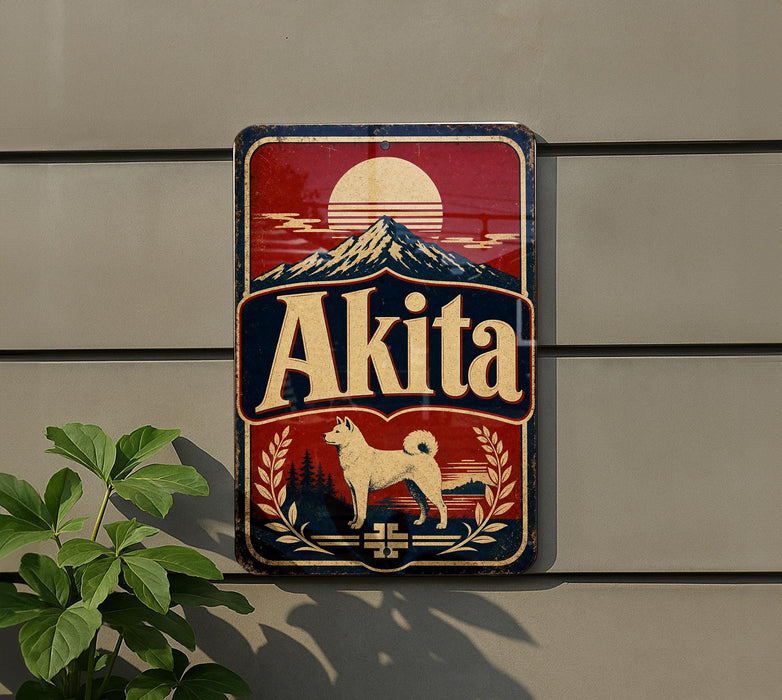 A vintage-style metal sign with the word "Akita" prominently displayed, featuring a mountain landscape and a dog.