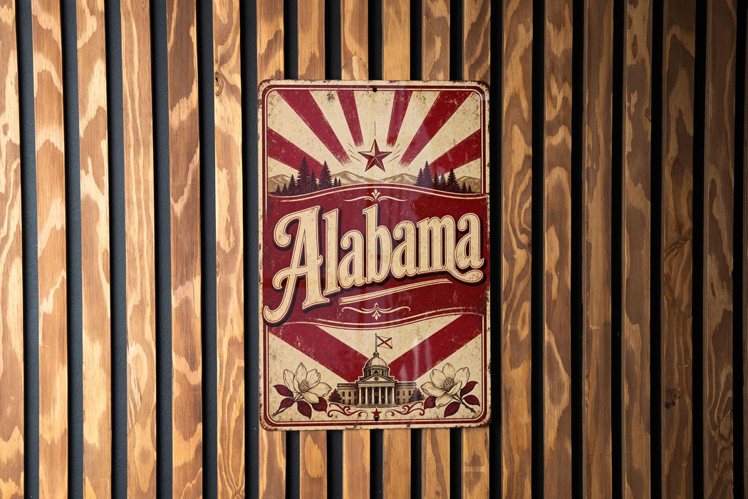 A vintage-style metal sign with the word "Alaska" prominently displayed, mounted on a wooden wall.