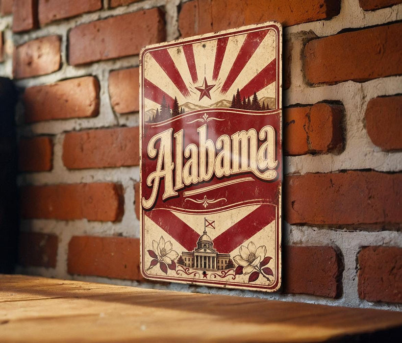 A vintage-style metal sign with the word "Alaska" prominently displayed, mounted on a brick wall.
