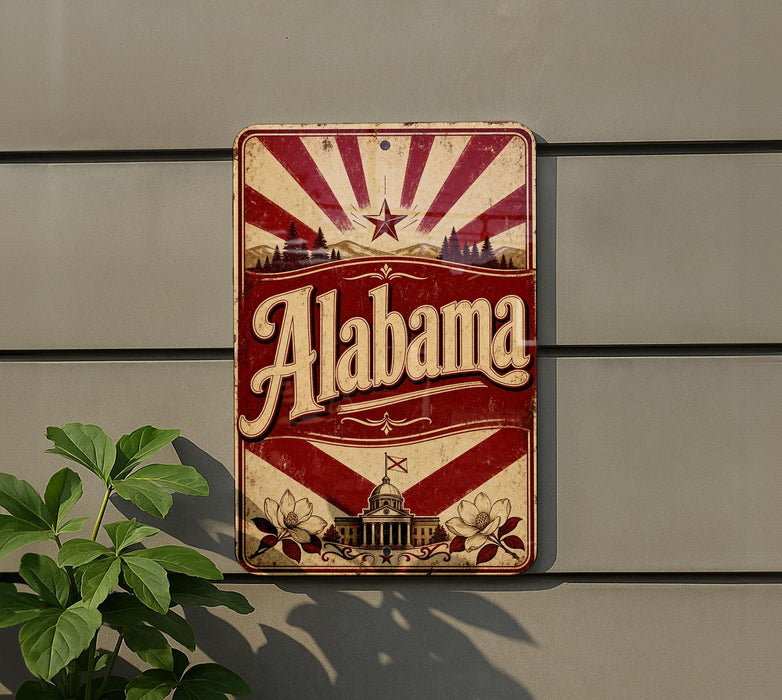 A vintage-style sign with the word "Alaska" prominently displayed, featuring a sunburst design and a small building. The sign is mounted on a gray wall, and there is a plant visible to the left of the sign.