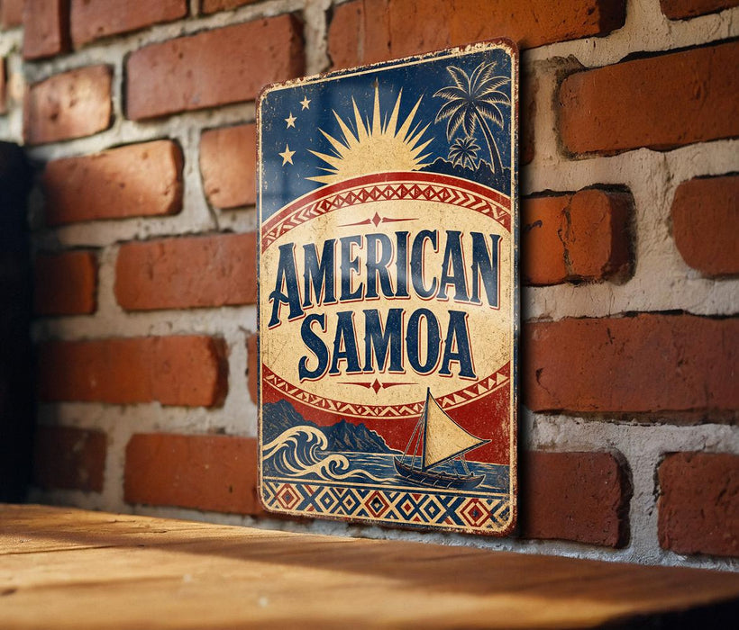 A vintage-style metal sign with the text "AMERICAN SAMOA" displayed prominently, featuring a sailboat and a sun design. The sign is mounted on a brick wall, and there is a wooden table in the foreground.