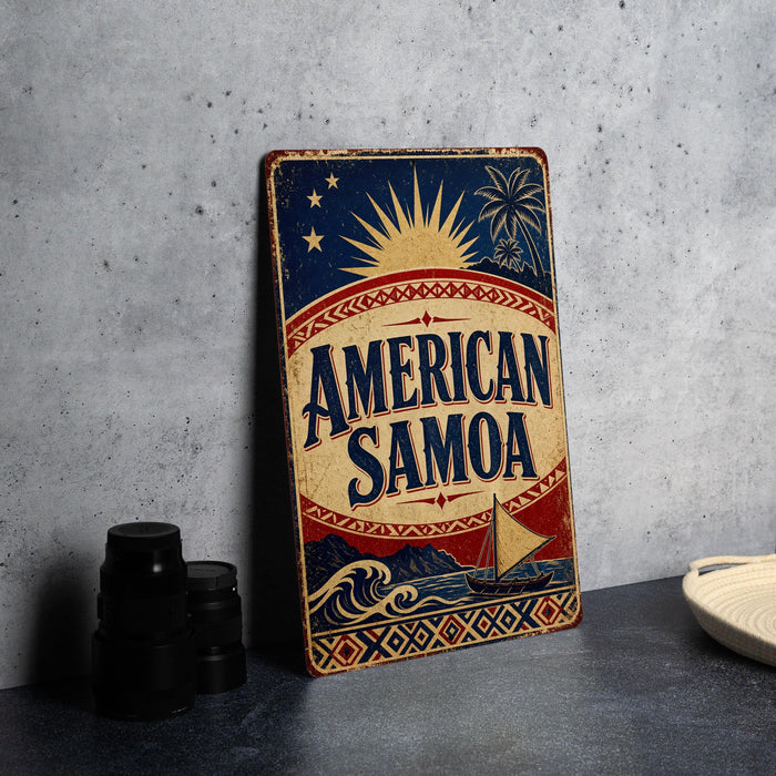 A vintage-style sign for "American Samoa" is displayed on a table, featuring a sun and palm tree design.